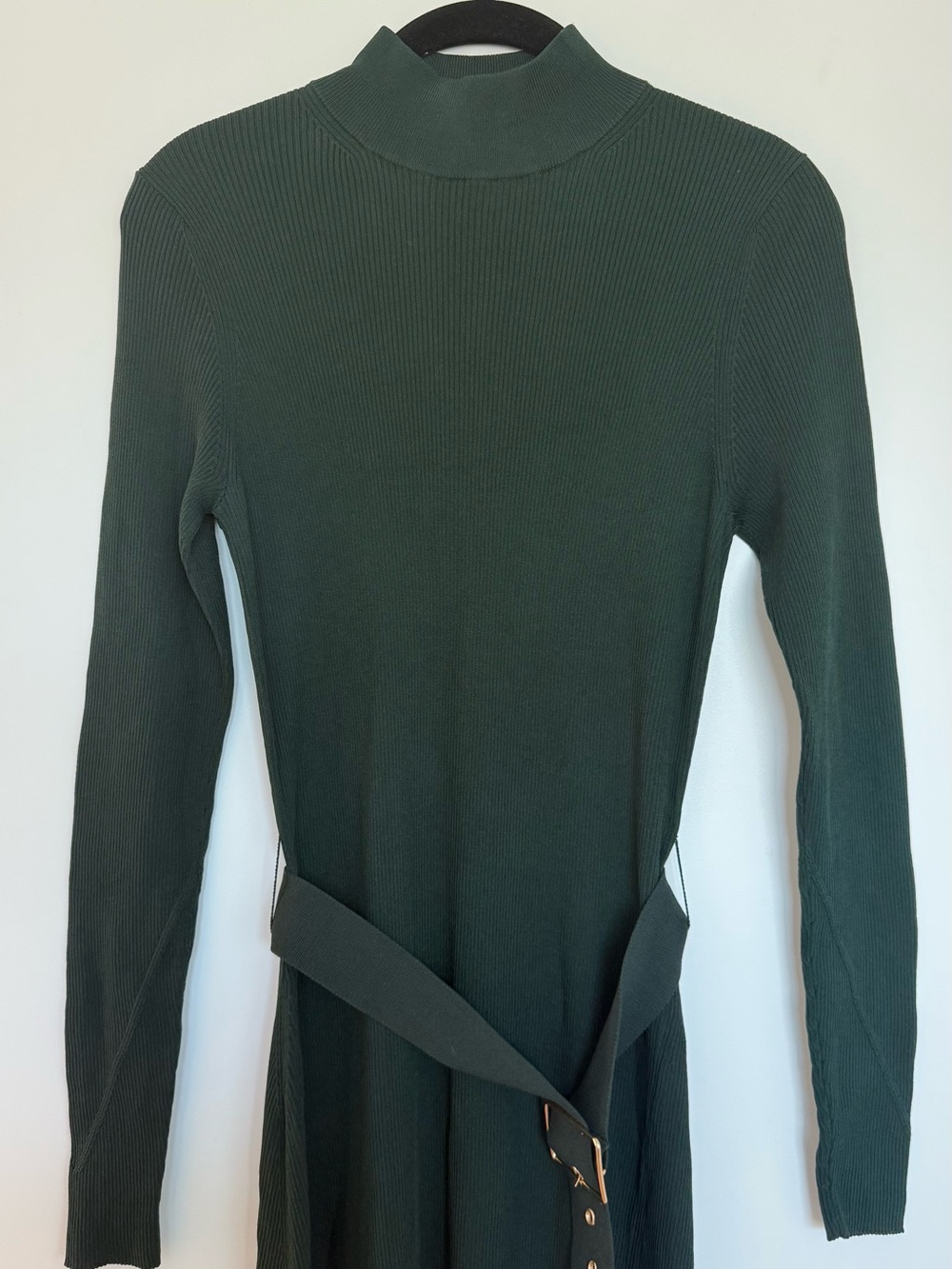 Ever New Forest Green Ribbed Mock Neck Belted Dress